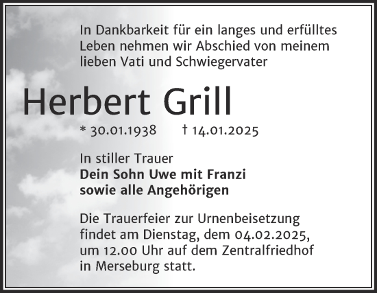 Traueranzeige von Herbert Grill von Trauerkombi Merseburg