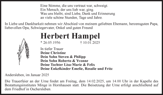 Traueranzeige von Herbert Hampel von Volksstimme Oschersleben/Wanzleben