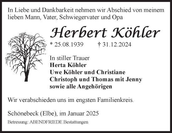 Traueranzeige von Herbert Köhler von Volksstimme Schönebeck