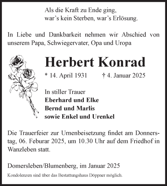Traueranzeige von Herbert Konrad von Volksstimme Oschersleben/Wanzleben
