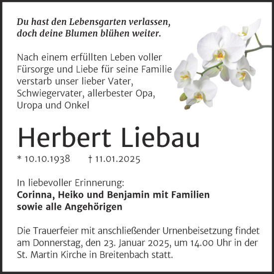 Traueranzeige von Herbert Liebau von Trauerkombi Sangerhausen