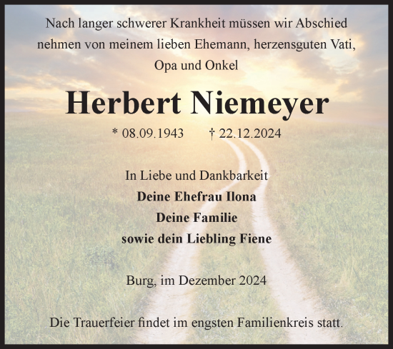 Traueranzeige von Herbert Niemeyer von Volksstimme Burg/Genthin