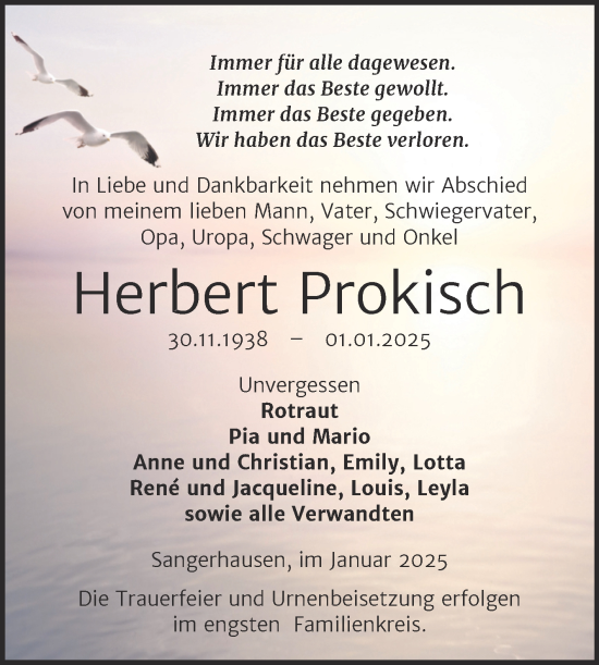 Traueranzeige von Herbert Prokisch von Trauerkombi Sangerhausen