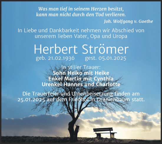 Traueranzeige von Herbert Strömer von Trauerkombi Wittenberg
