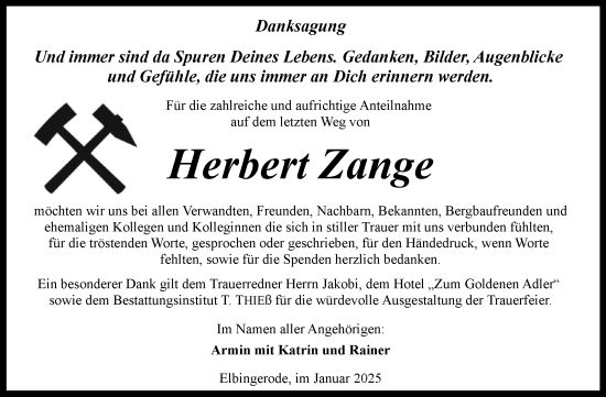 Traueranzeige von Herbert Zange von Volksstimme Wernigerode