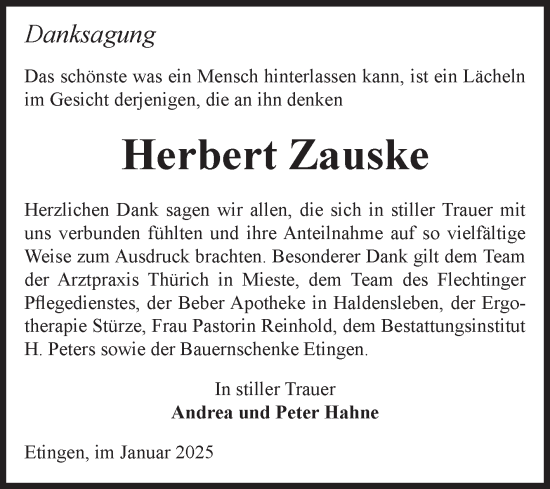 Traueranzeige von Herbert Zauske von Volksstimme Haldensleben/Wolmirstedt