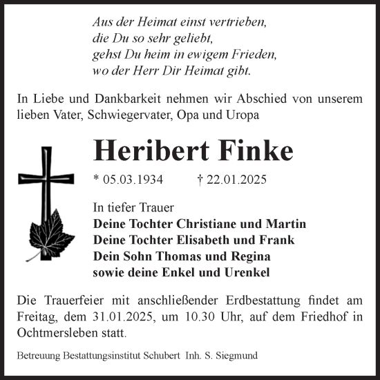 Traueranzeige von Heribert Finke von Volksstimme Oschersleben/Wanzleben