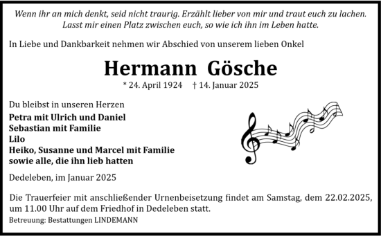 Traueranzeige von Hermann Gösche von Volksstimme Halberstadt