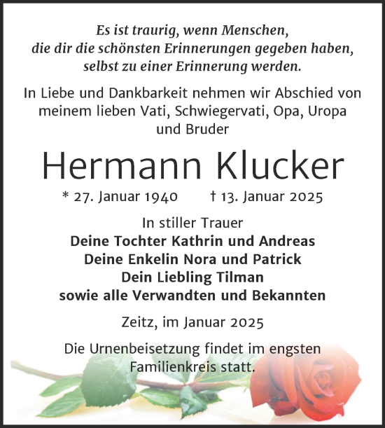 Traueranzeige von Hermann Klucker von Trauerkombi Zeitz