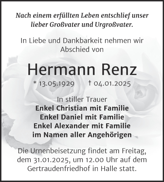 Traueranzeige von Hermann Renz von Mitteldeutsche Zeitung Halle/Saalkreis