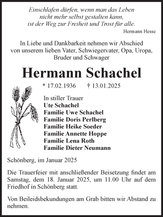 Traueranzeige von Hermann Schachel von Volksstimme Altmark Ost