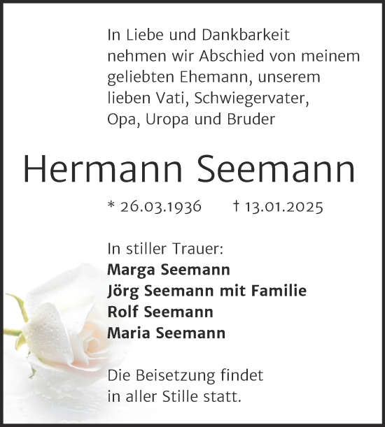 Traueranzeige von Hermann Seemann von Trauerkombi Dessau