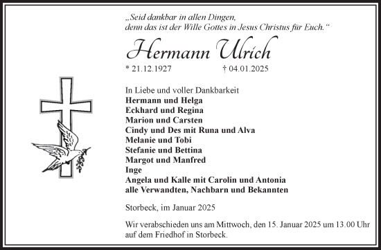 Traueranzeige von Hermann Ulrich von Volksstimme Altmark Ost