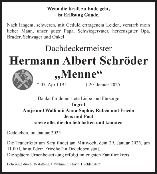 Traueranzeige von Hermann Albert Schröder von Volksstimme Halberstadt