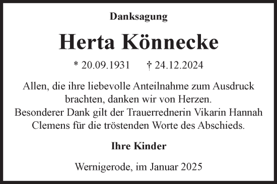 Traueranzeige von Herta Könnecke von Volksstimme Wernigerode