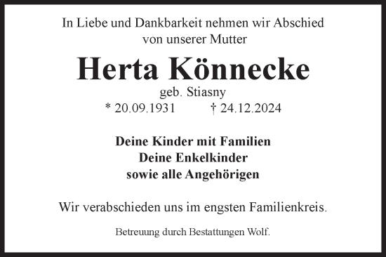 Traueranzeige von Herta Könnecke von Volksstimme Wernigerode