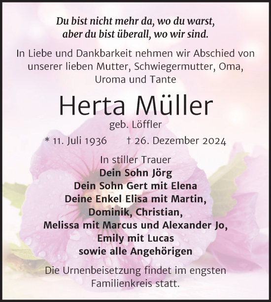 Traueranzeige von Herta Müller von Trauerkombi Zeitz