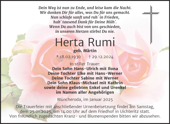Traueranzeige von Herta Rumi von Trauerkombi Weißenfels