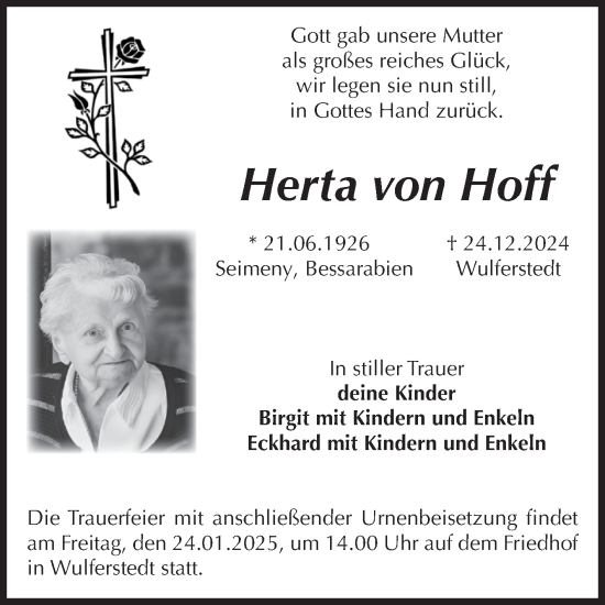 Traueranzeige von Herta von Hoff von Volksstimme Oschersleben/Wanzleben