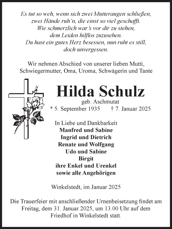 Traueranzeige von Hilda Schulz von Volksstimme Altmark West