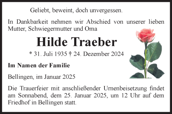 Traueranzeige von Hilde Traeber von Volksstimme Altmark Ost