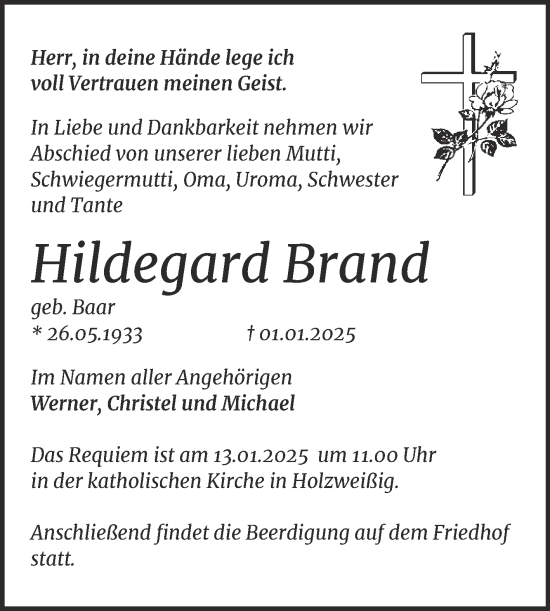 Traueranzeige von Hildegard Brand von Trauerkombi Bitterfeld