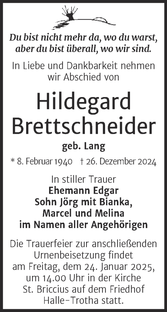 Traueranzeige von Hildegard Brettschneider von Mitteldeutsche Zeitung Halle/Saalkreis