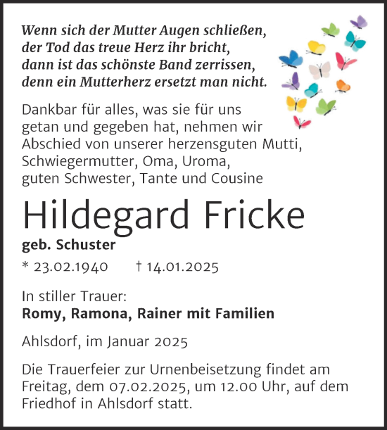 Traueranzeige von Hildegard Fricke von Trauerkombi Mansfelder Land