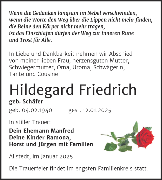 Traueranzeige von Hildegard Friedrich von Trauerkombi Sangerhausen