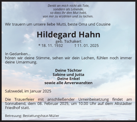 Traueranzeige von Hildegard Hahn von Volksstimme Altmark West