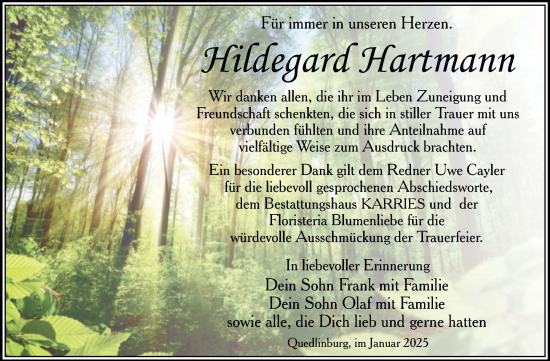 Traueranzeige von Hildegard Hartmann von Trauerkombi Quedlinburg