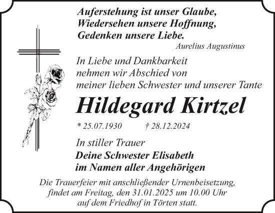 Traueranzeige von Hildegard Kirtzel von Trauerkombi Dessau