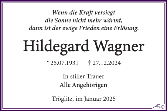 Traueranzeige von Hildegard Wagner von Trauerkombi Zeitz