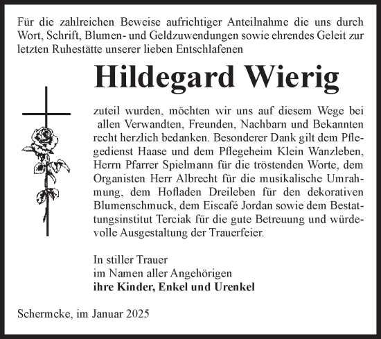Traueranzeige von Hildegard Wierig von Volksstimme Oschersleben/Wanzleben
