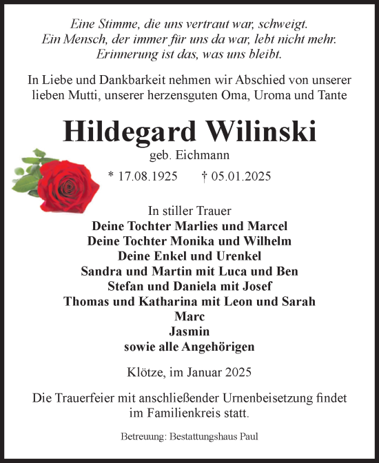 Traueranzeige von Hildegard Wilinski von Volksstimme Altmark West