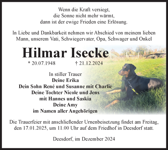 Traueranzeige von Hilmar Isecke von Volksstimme Oschersleben/Wanzleben