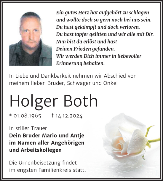 Traueranzeige von Holger Both von Trauerkombi Aschersleben