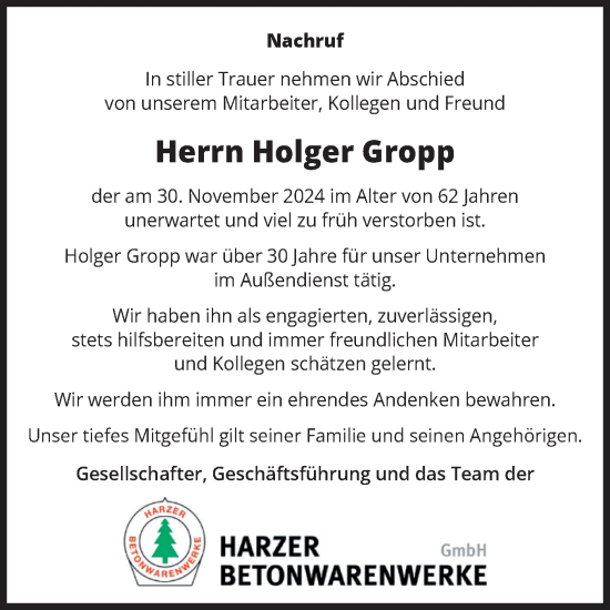 Traueranzeige von Holger Gropp von Volksstimme Wernigerode