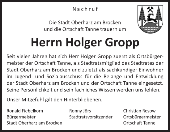 Traueranzeige von Holger Gropp von Volksstimme Wernigerode
