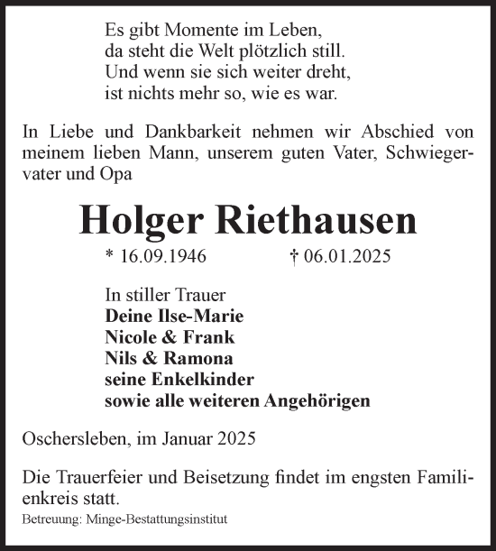 Traueranzeige von Holger Riethausen von Volksstimme Oschersleben/Wanzleben