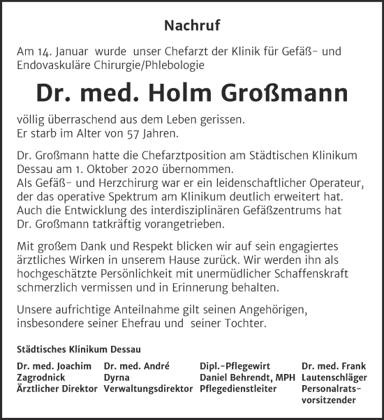 Traueranzeige von Holm Großmann von Mitteldeutsche Zeitung Dessau-Roßlau