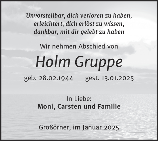 Traueranzeige von Holm Gruppe von Trauerkombi Mansfelder Land