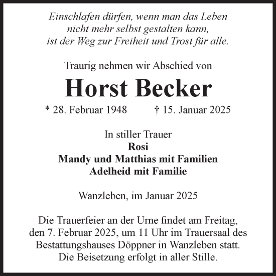 Traueranzeige von Horst Becker von Volksstimme Oschersleben/Wanzleben