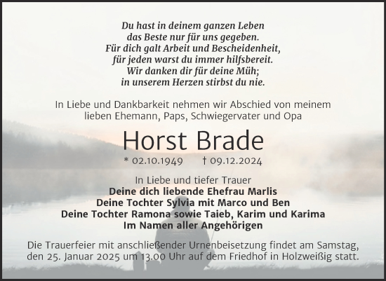 Traueranzeige von Horst Brade von Trauerkombi Bitterfeld