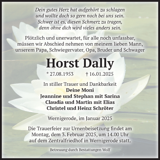 Traueranzeige von Horst Dally von Volksstimme Wernigerode