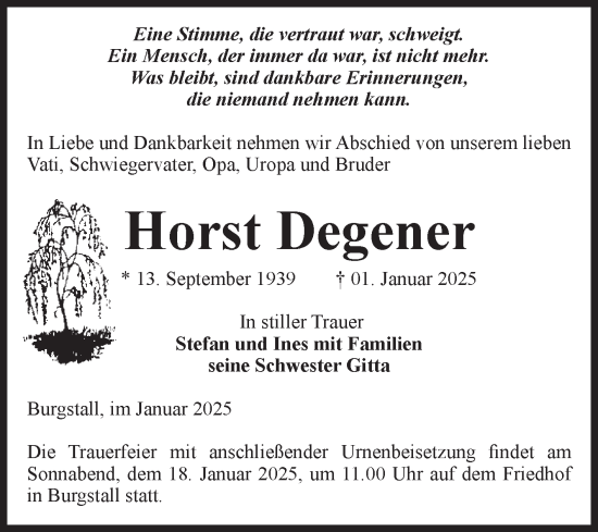Traueranzeige von Horst Degener von Volksstimme Haldensleben/Wolmirstedt
