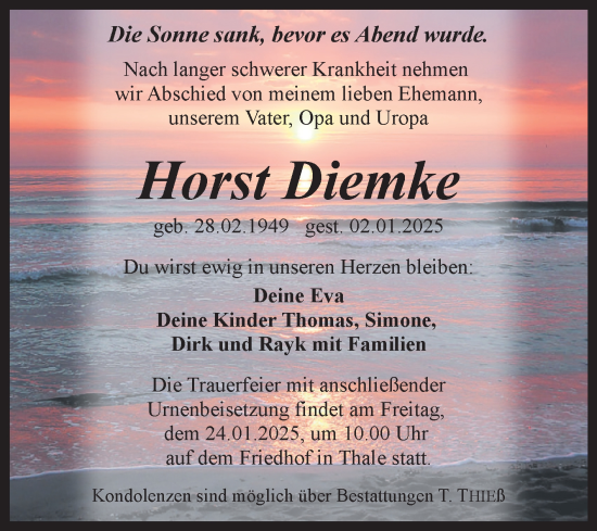 Traueranzeige von Horst Diemke von Trauerkombi Quedlinburg