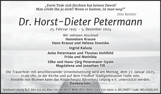 Traueranzeige von Horst-Dieter Petermann von Mitteldeutsche Zeitung Halle/Saalkreis