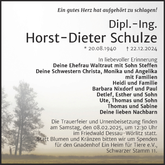 Traueranzeige von Horst-Dieter Schulze von Trauerkombi Dessau