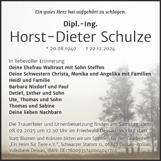 Traueranzeige von Horst-Dieter Schulze von Trauerkombi Dessau